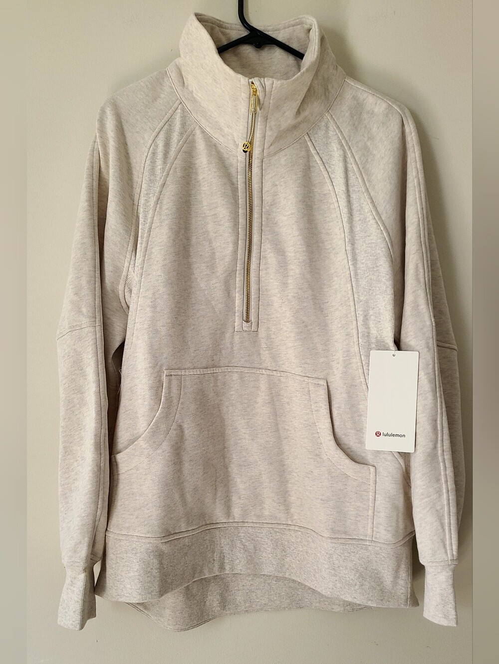 Lululemon Scuba Oversized Funnel Neck Half Zip Heathered Bone Gold M/L NWT